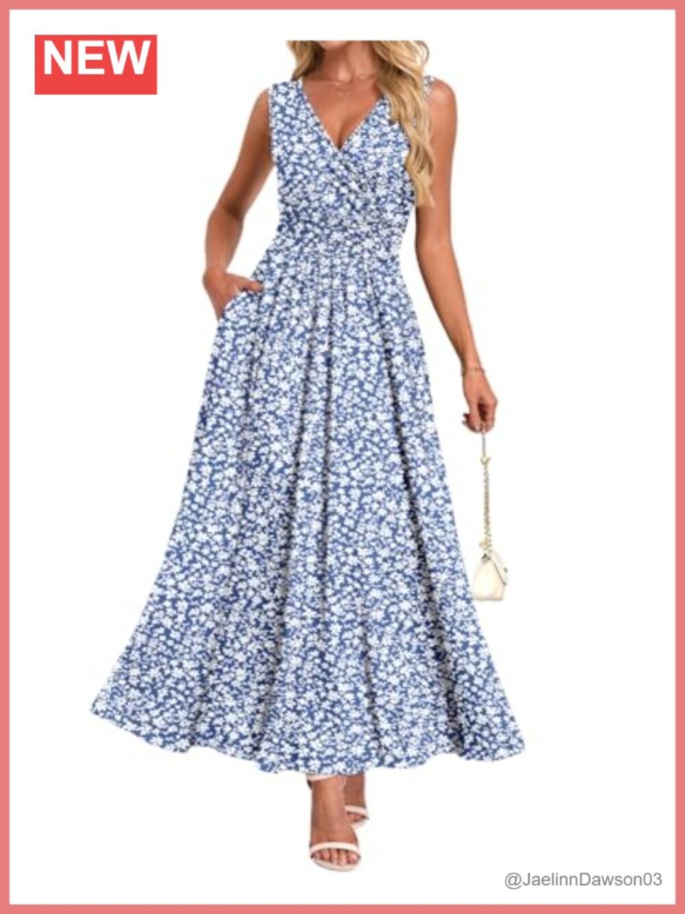 Sleeveless V Neck Smocked Maxi Dress with Pockets for Women